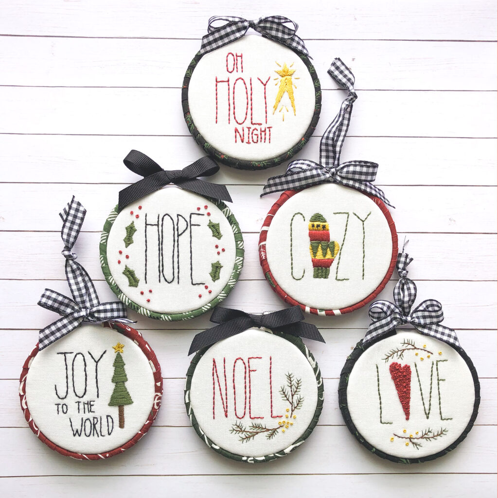 Easy Embroidered Word Ornaments stitch along with top US sewing blog Ameroonie Designs. Image of: embroidered ornaments in a set.