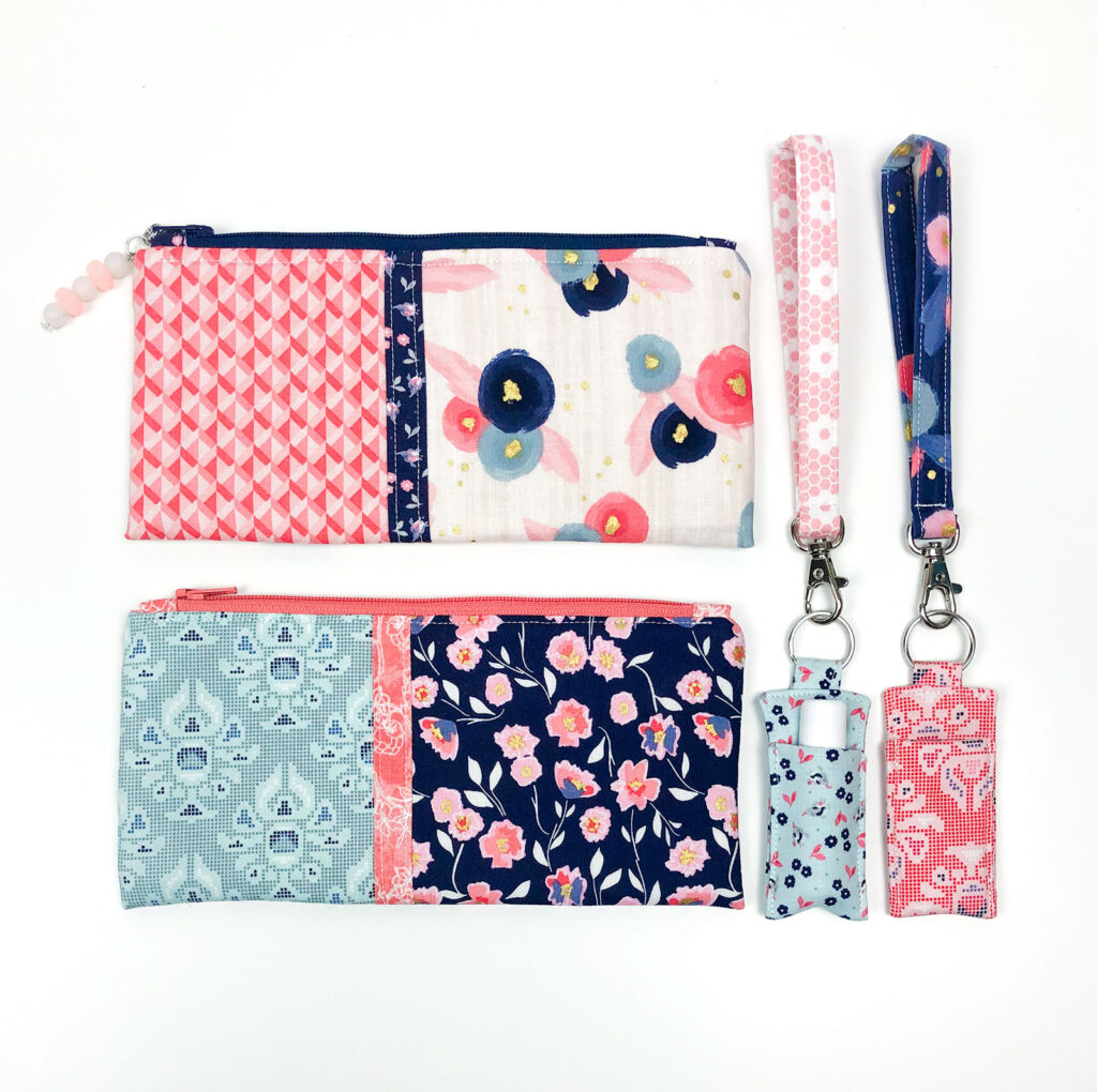 Color block zipper pouches with chapstick holders and wrist straps