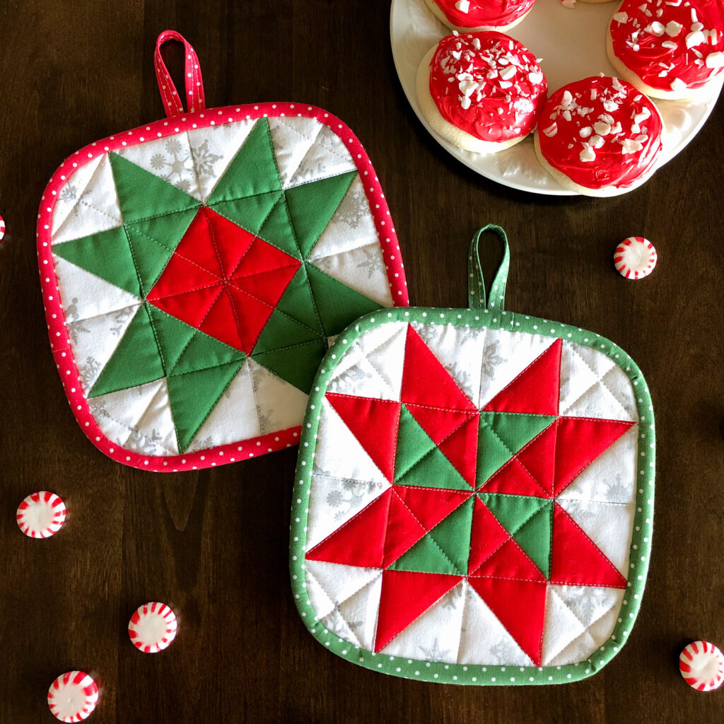 Fabric Christmas Village by Top US sewing blog Ameroonie Designs image of: hot pads made with Christmas fabric.