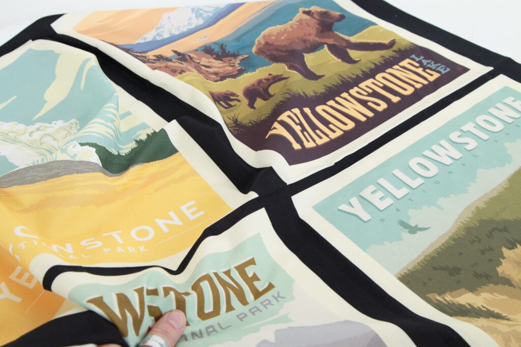 Fabric panels featuring posters of National Parks.