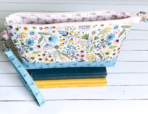 A zipper pouch sewn up with Wanderings fabric by Poppie Cotton