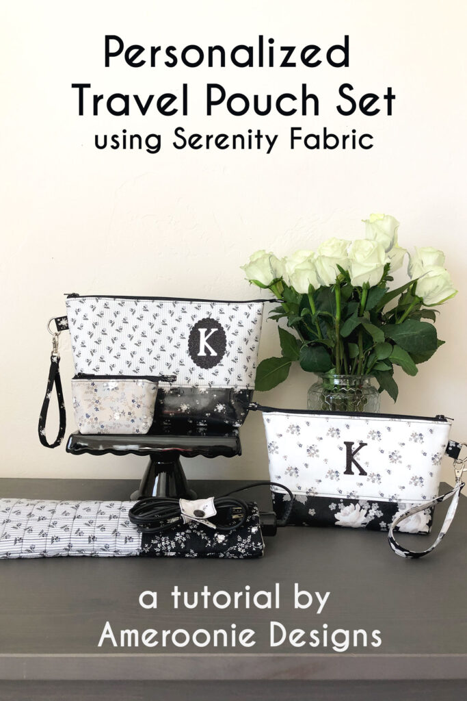 Personalized Zipper Pouch Tutorial featured by top US sewing blog Ameroonie Designs: image of travel pouch set with glitter iron on monogram.