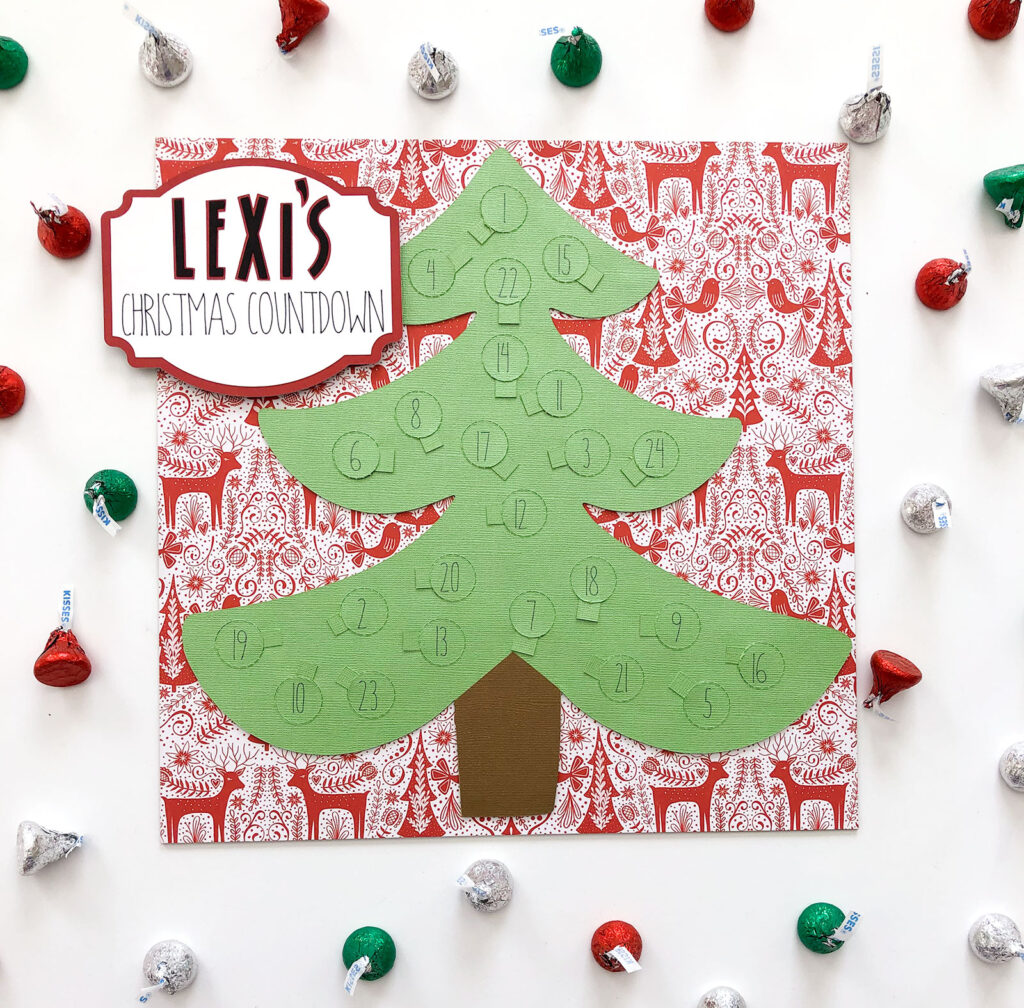 Personalized Christmas Countdown featured by top US craft blog Ameroonie Designs: Image of green countdown tree on red nordic paper.