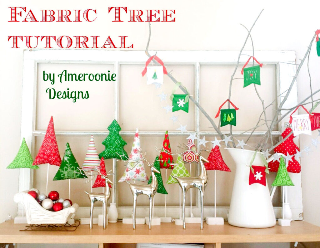 Fabric Tree tutorial by top US sewing blog Ameroonie Designs: Image of holiday scene with deer, sleigh and fabric trees.