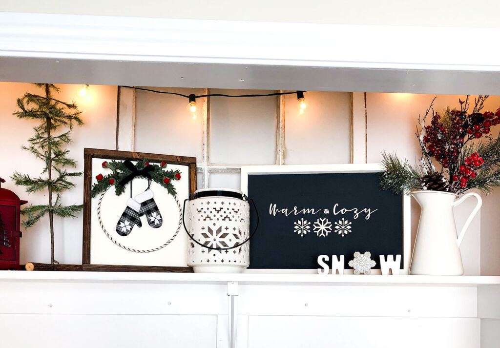 DIY Winter Decor Sign from top US craft blogger Ameroonie Designs: image of shelf with winter decor.