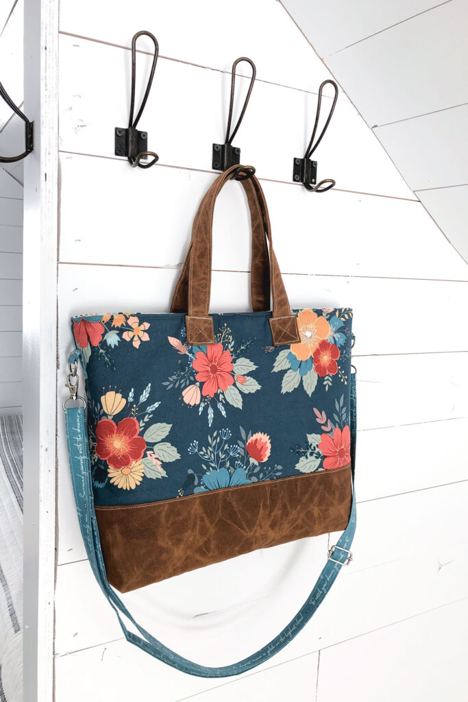 Best Zipper Pouches to sew for your purse featuring Top US sewing blog Ameroonie Designs: image of tote bag made with Dream Weaver fabric and waxed canvas.