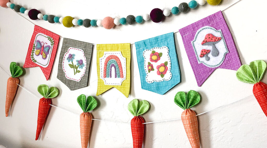 Texture Fabric Blog Tour by Top US sewing blog Ameroonie Designs: image of spring garlands using felt poms, fabric carrots and mini banners