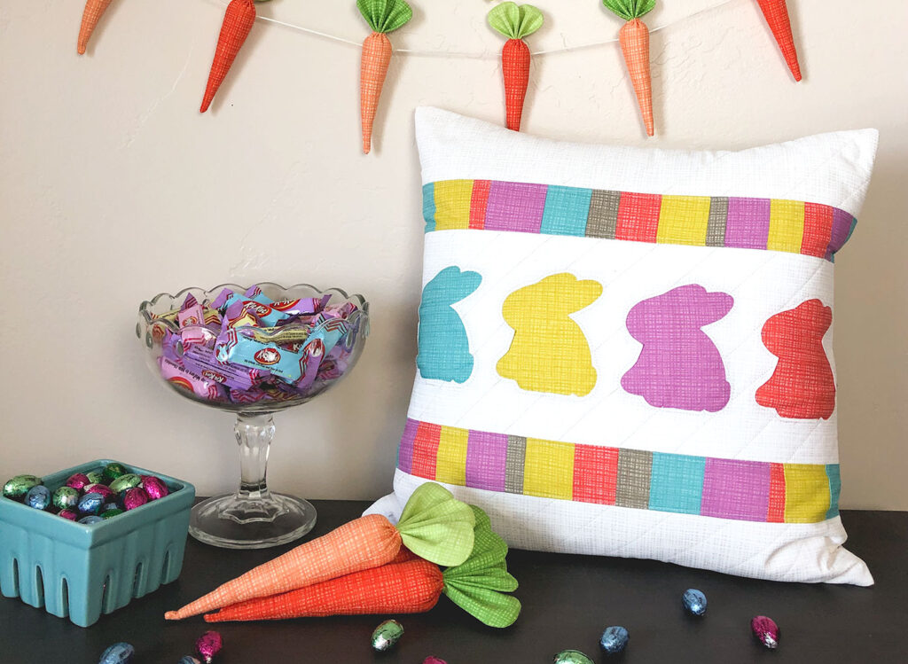 Texture Fabric Blog Tour by Top US sewing blog Ameroonie Designs: image of Bunny Hop Pillow and fabric carrots for decor and garlands