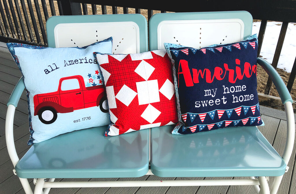 Patriotic Porch Pillow Tutorial by Top US sewing blog Ameroonie Designs. Image of: Red white and blue pillows on porch