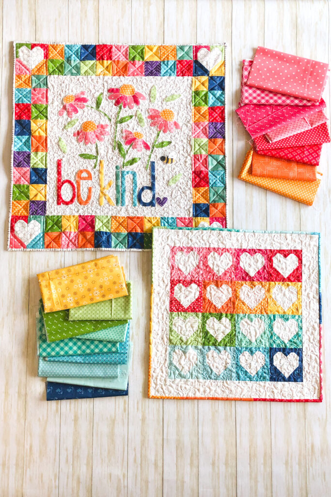 Heart Mini Quilt by top US sewing blog Ameroonie Designs. Image of: be kind mini quilt and heart mini quilt with fabric.