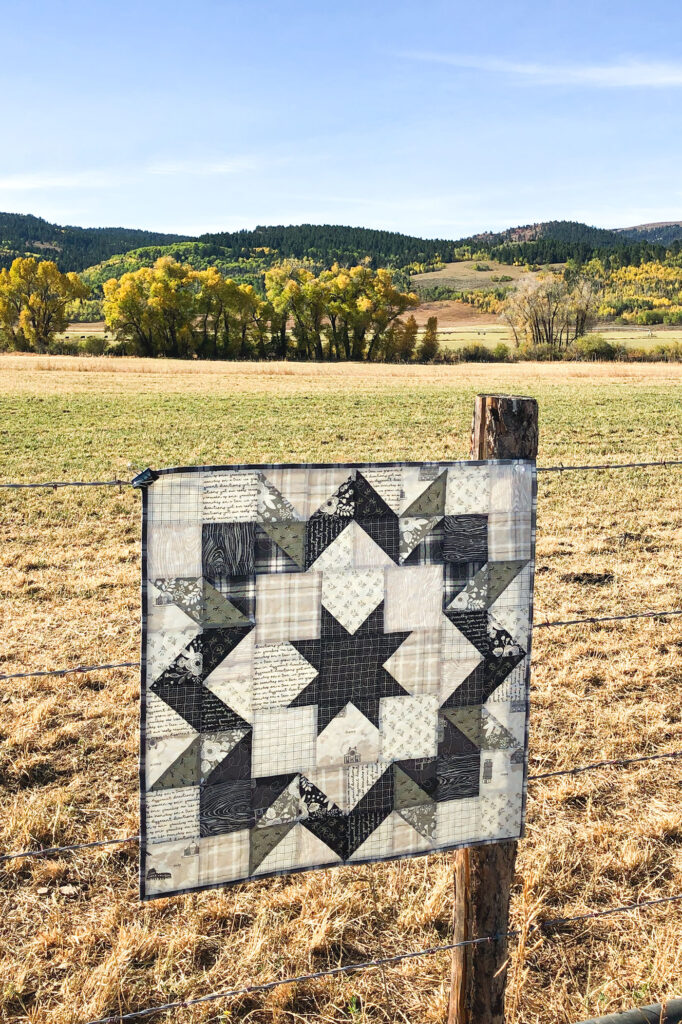 Fabric barn quilt by top US sewing blog Ameroonie Designs. Image of quilt with mountain background.
