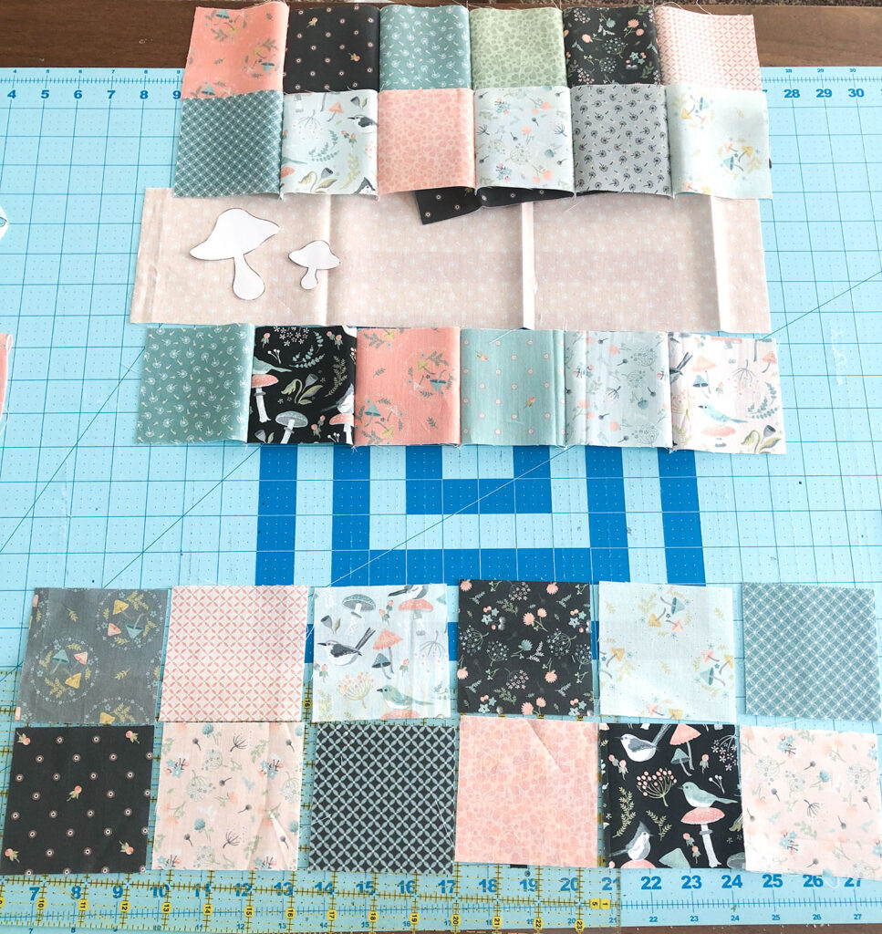 Patchwork doll quilt by top US sewing blog Ameroonie Designs. Image of creating patchwork rows.