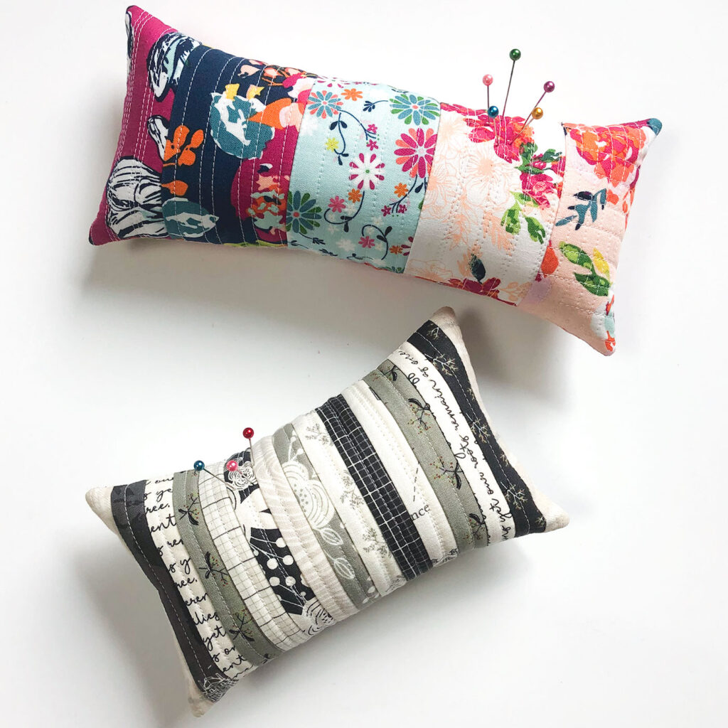 Scraptastic and simple Strip Pincushion by top US sewing blog Ameroonie Designs. Image of:  colorful and neutral pincushions.