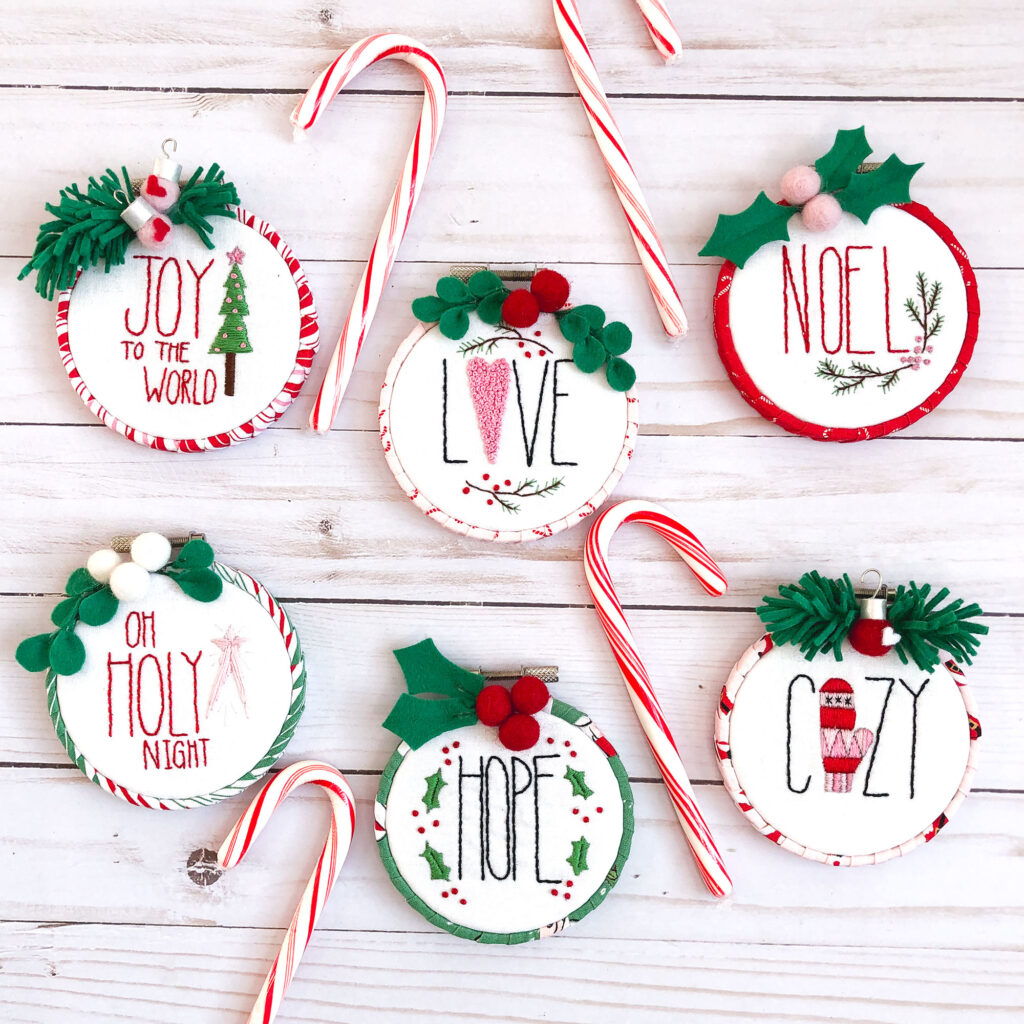 Customized Embroidered Ornaments by Top US craft blog Ameroonie Designs. Image of ornaments with candy canes.