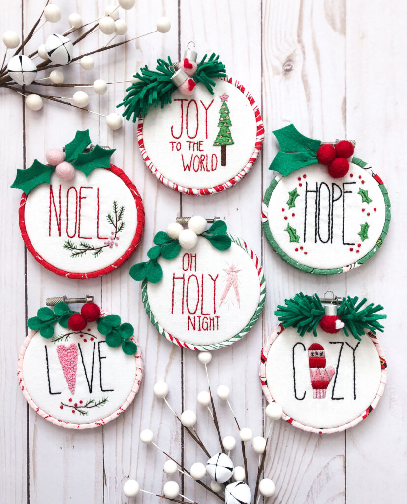 Customized Embroidered Ornaments by Top US craft blog Ameroonie Designs. Image of embroidered ornaments with berries.