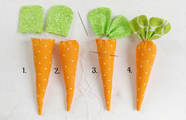 Sewing Tutorials: How to Make Fabric Carrots, a tutorial featured by top US sewing blog, Ameroonie Designs: Use fiber fill to stuff the bodies then close the top with a needle and thread, adding the leaves at the end.