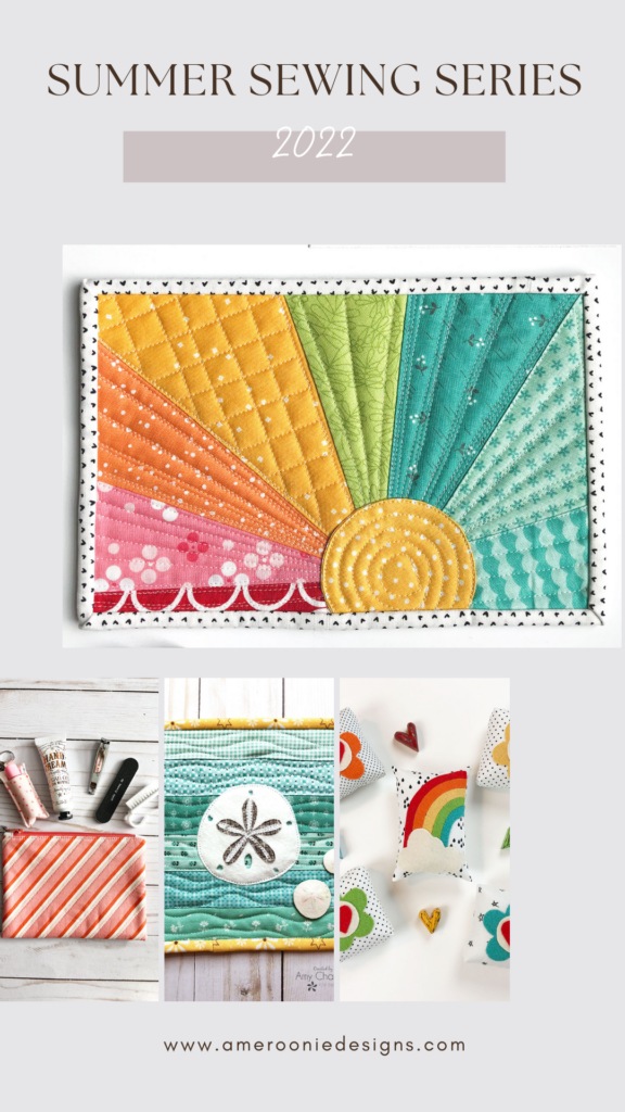 Quick and Satisfying Summer sewing by Top US sewing blog Ameroonie Designs. Image of rainbow mug rug, pincushion, zipper pouch and mini quilt.