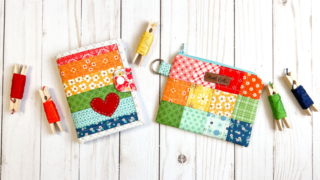 Free Needle Book Pattern from Top US sewing blog Ameroonie Designs. Image of needle book and zipper pouch with floss wrapped clothes pins.